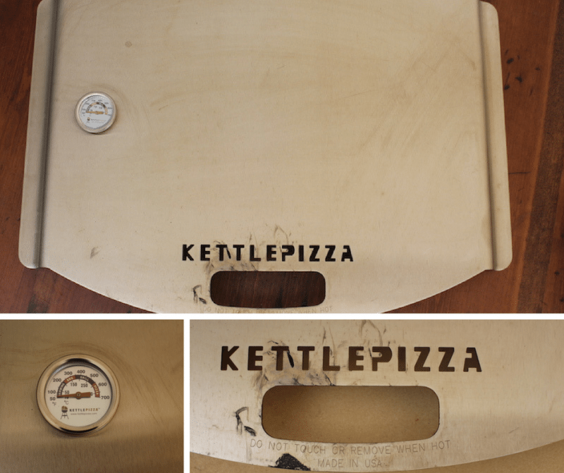 full picture of kettlepizza with zoomed image of handle, brand writing, and temperature gauge with pizza setting