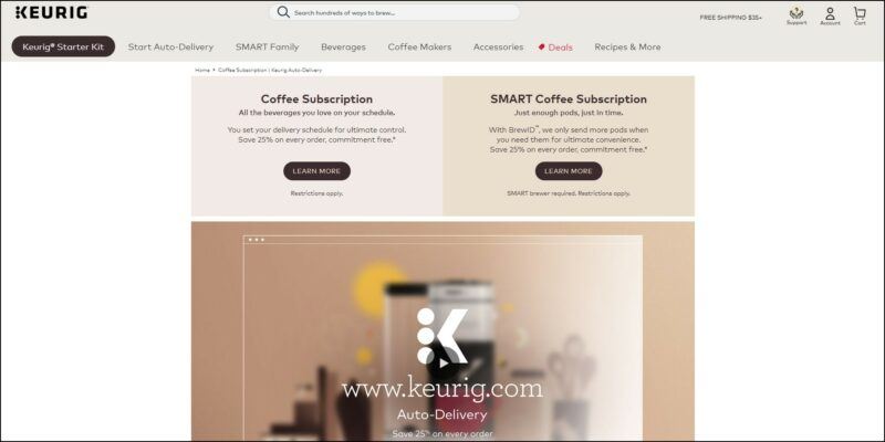 screenshot of Keurig Dr Pepper Coffee Subscription's web page, the page is of different shades of mocha brown, the company's name on top with the search bar and main menu, the page displays the coffee subscription details accompanied with a video