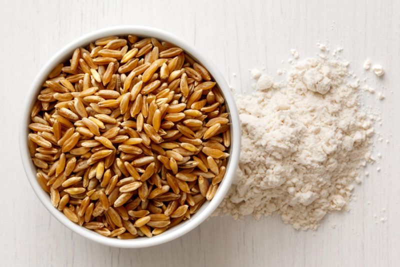 A white bown containing Khorasan Wheat, with some flour next to it