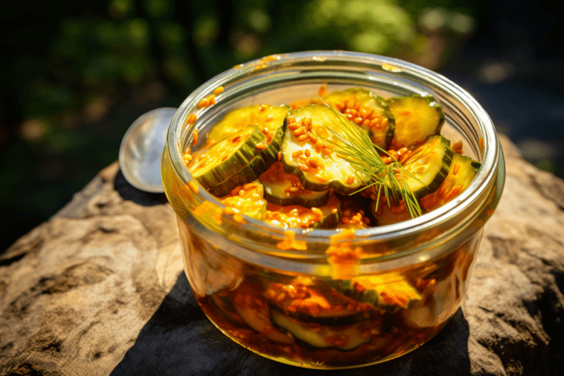 A glass jar containing kimchi that has been made using cucumber slices.