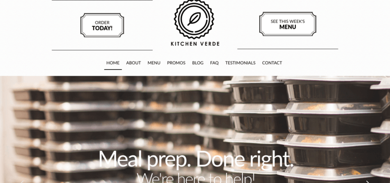 Kitchen Verde website screenshot showing stacks of containers with the words 'Meal Prep Done Right'