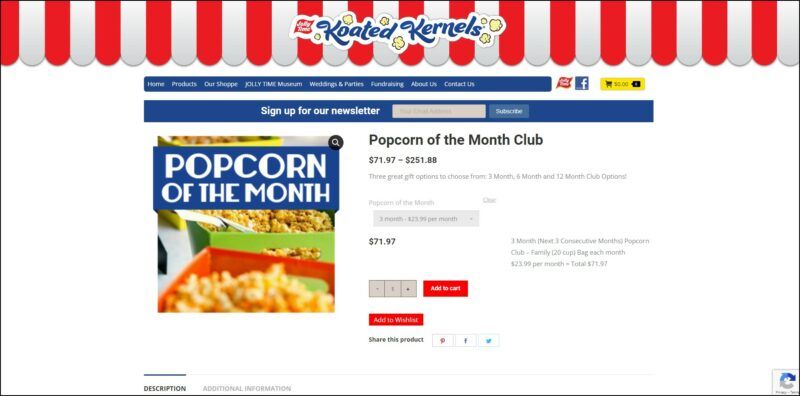 screenshot of Koated Kernels Popcorn of the Month Club's web page, with a red and white canopy-style header bearing the website's name and logo, underneath is a blue bar bearing the main menu, the page is showing the subscription plan accompanied with a close up popcorn image with text overlay