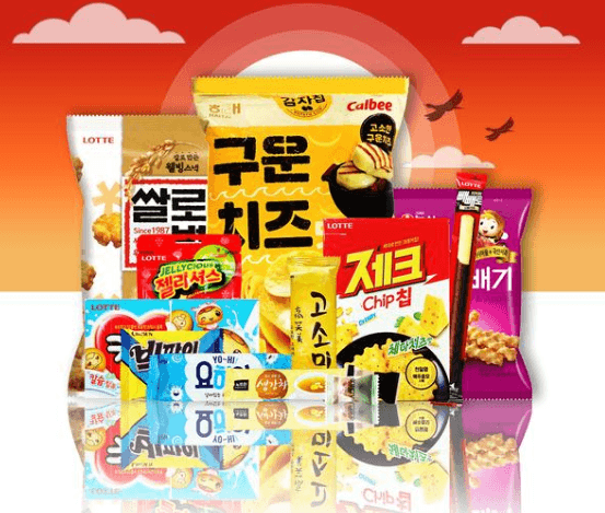 Selection of Korean snacks against a colored background with bright colors.