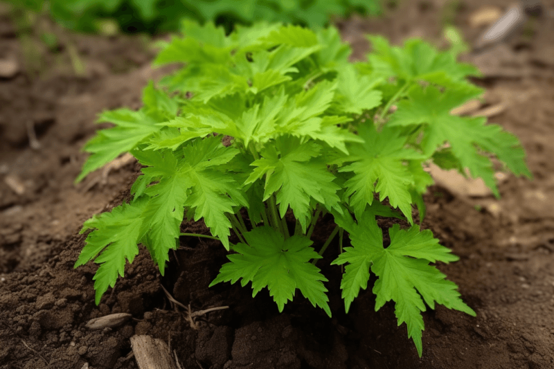 Brightly colored Korean celery growing in a garden