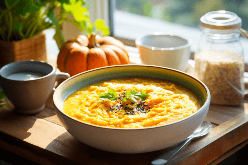 A large white bowl of Korean pumpkin porridge sitting on a wooden table, next to a dish of rice, two mugs, and a pumpkin