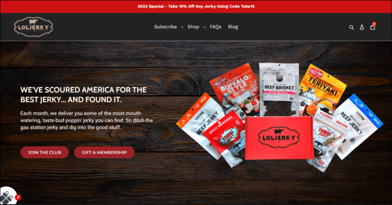 screenshot of LOLJerky Jerky of the Month Club's web page with red announcement bar on top followed by a black header bearing the website's logo and navigation menu, underneath is the main content area with dark wood board background with text overlay of the details of the subscription accompanied by images of the jerky products