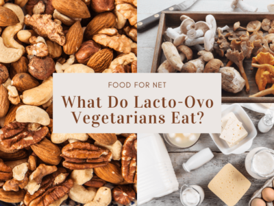 A selection of three types of lacto-ovo vegetarian foods, including nuts, mushrooms, and dairy