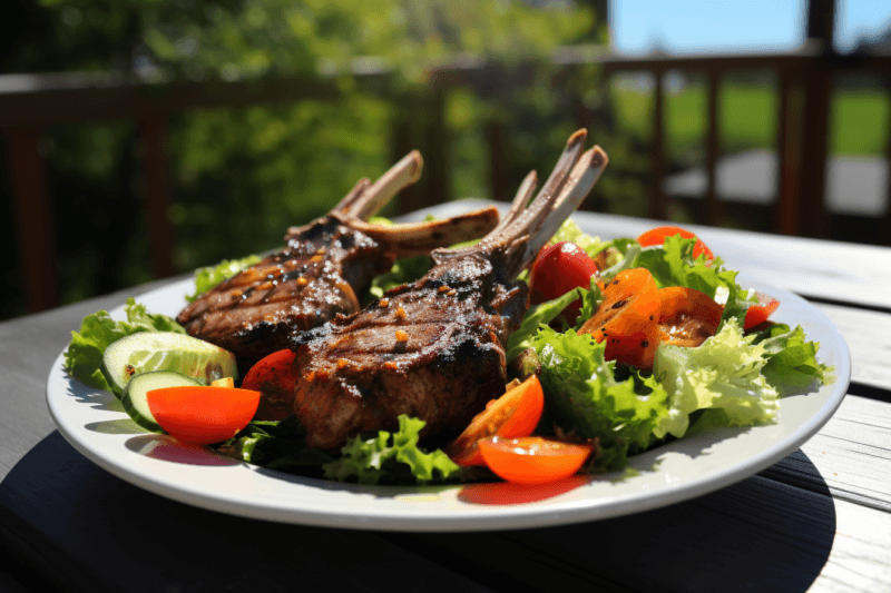 A large white plate with lamb chops and a fresh salad.