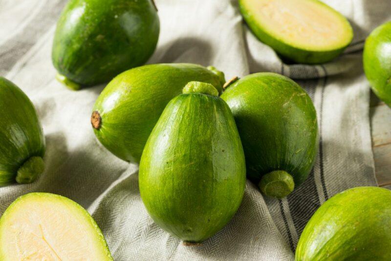 A cloth on a table with a collection of large oval and green Korean squashes. Most of them are whole, but there are also two halves, where the light colored interior can be clearly seen.