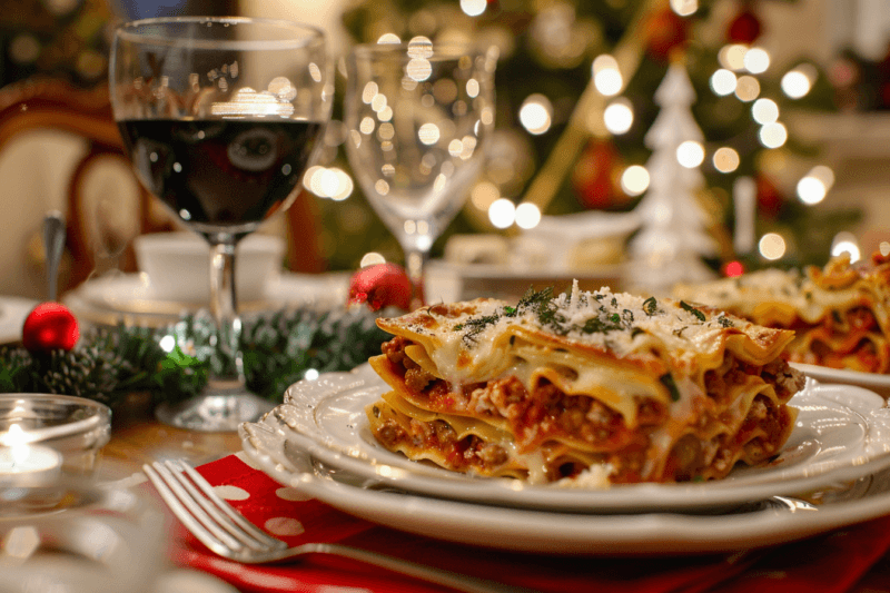 A Christmas dinner table, complete with pretty lights, a glass of wine, an empty glass, and a plate of lasagna.