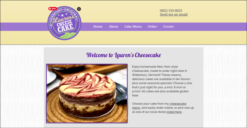 screenshot of Lauren's Cheesecake of the Month Club's web page, with yellow header with the website's logo and main menu in lavender banner, the page mainly displays the details of the cheesecake of the month club along with an image of a cheesecake.