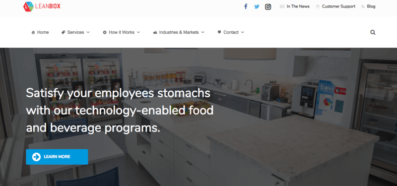 Lean Box website screenshot showing an office kitchen with various Lean Box displays