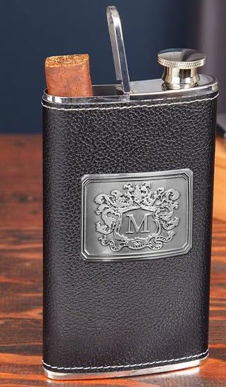 Leather-2-in-1-Cigar-Flask | Food For Net A black leather flask with a silver monogram on the front that also holds cigars