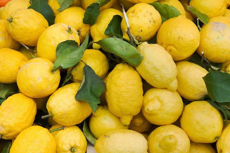 This photo shows an overhead view of several lemons with green leaves mixed in.