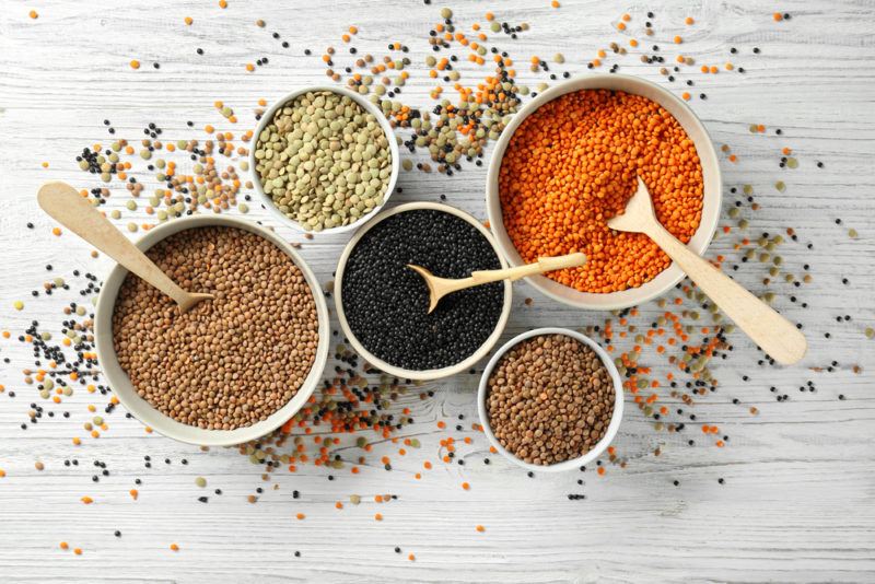 Various white bowls of lentils