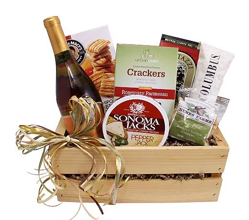 Light & Easy Chardonnay | Food For Net Wooden crate with wine, crackers and cheese