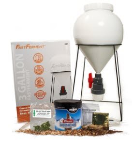 Beer brewing starter kit containing various ingredients and instructions. 