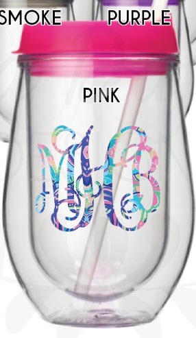 Lilly Inspired Wine Tumbler | Food For Net Pink double walled glass with a pretty monogram
