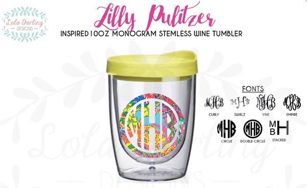 Lilly Pulitzer Inspired Monogram Stemless Wine Tumbler | Food For Net Wine tumbler that has a multicolored monogram and information about fonts