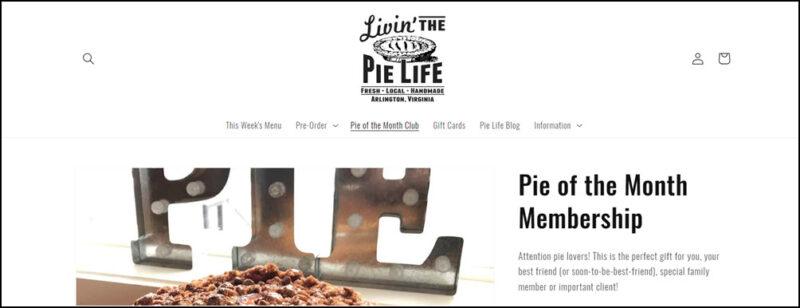 A website screenshot from Livin The Pie Life, showing one of their pies and details about the club