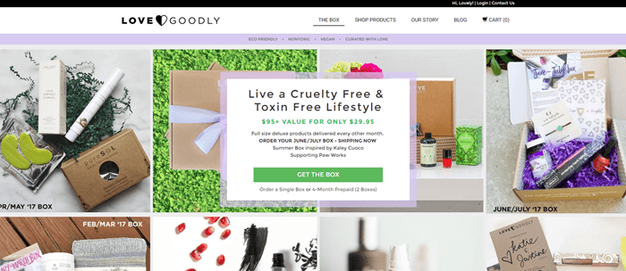 Love Goodly website screenshot showing various images of the boxes from different months. 