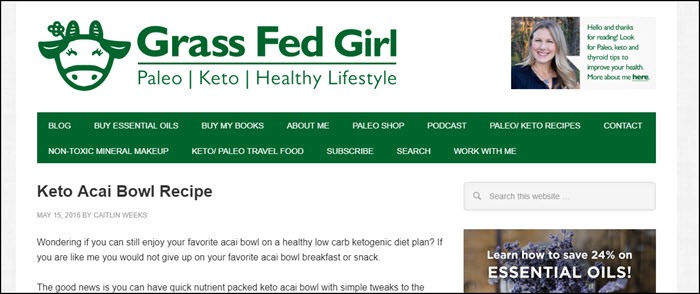 Low Carb And Paleo Açaí Bowl | Food For Net Website screenshot from Grass Fed Girl