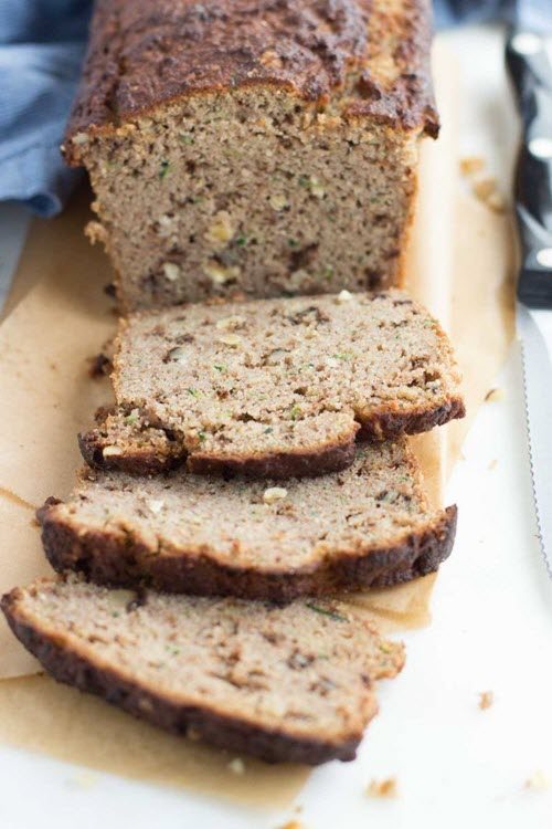 Zucchini bread on a board with various slices 