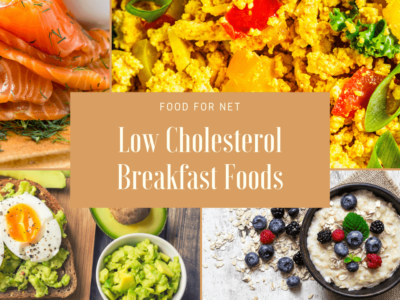 Four types of low cholesterol breakfasts, including a tofu scramble, salmon on toast, eggs and avocado, and oatmeal