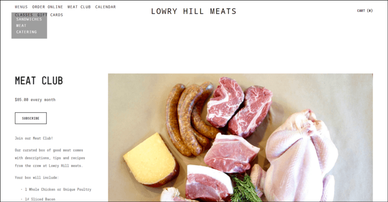 screenshot of Lowry Hill Meats Club Subscriptions' dominantly white page with the website's name on top with the navigation menu, the main content area shows the details of the meat subscription along with an image of the different meats they offer