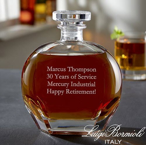 Luigi Bormioli Any Message Whiskey Decanter | Food For Net A round decanter with 4 lines of engraved text