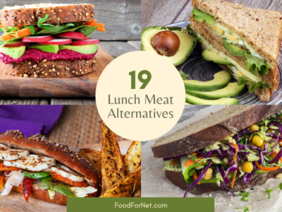 Four different sandwiches that use lunch meat alternatives, including vegetables, cheese, avocado, and salad