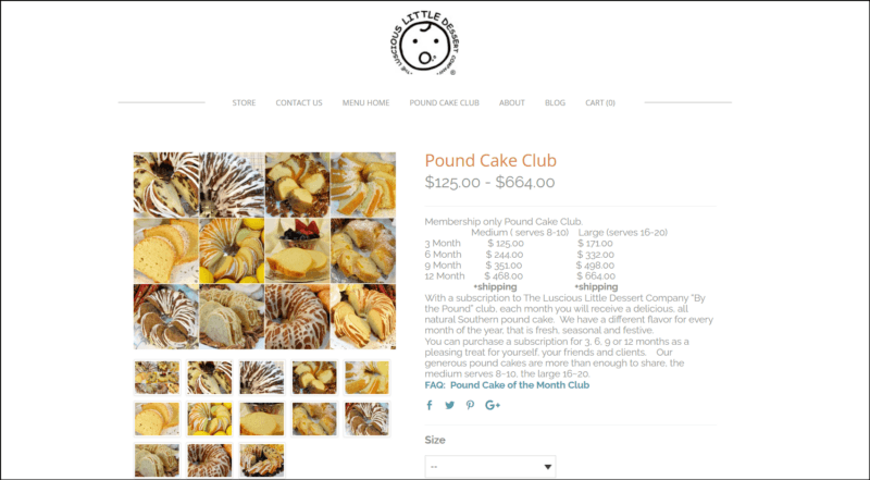 screenshot of Luscious Little Desserts Pound Cake Club's web page, mainly white page with the website's logo on top followed by the man navigation menu, the main content area shows the details for the pound cake club along with the different images of pound cakes