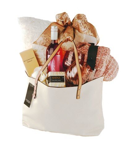 Luxury Gourmet Gift Tote | Food For Net Tote bag with red wine and luxury items