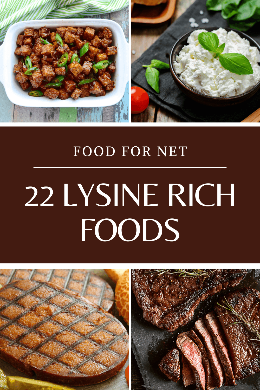 Four lysine rich foods including ricotta cheese, tempeh, seitan, and roast beef