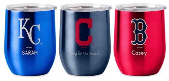 MLB Stainless Steel Wine Glass | Food For Net Three stainless steel glasses with different colors, logos and text.