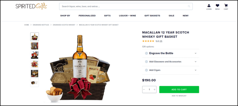 A website screenshot showing a Macallan Scotch 12 year gift basket from Spirited Gifts