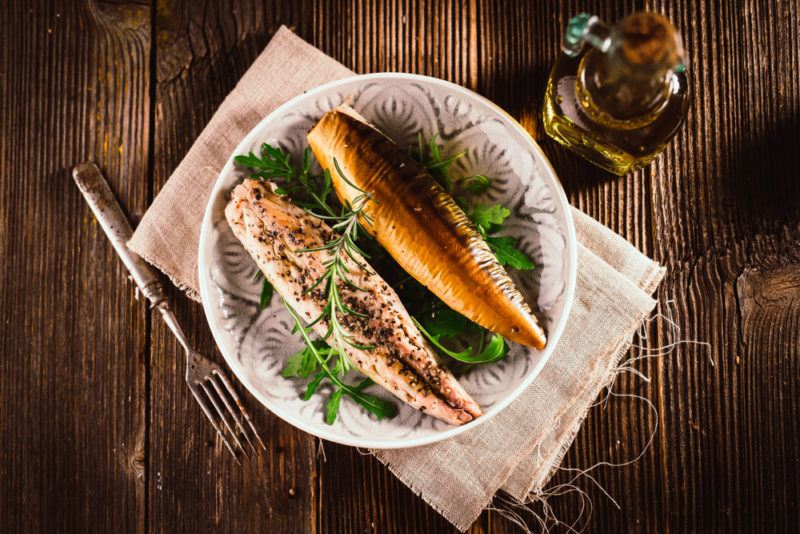 A white bowl with Mackerel fillets