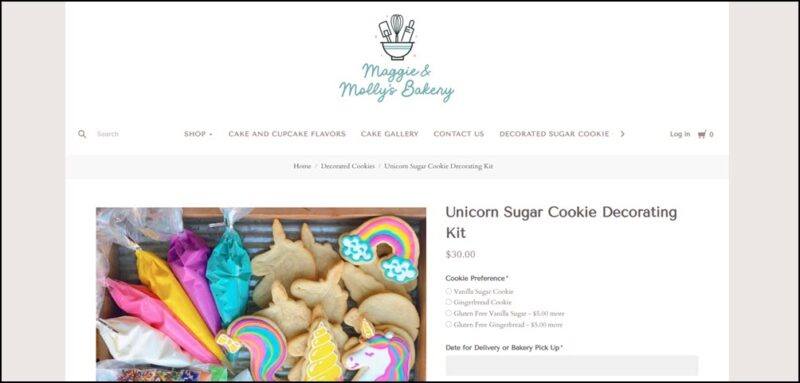 A website screenshot showing a collection of unicorn cookies with rainbows and icing