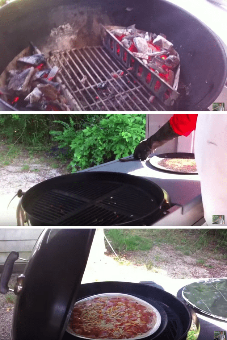 using a metal pizza pan to cook a large pizza on a charcoal grill