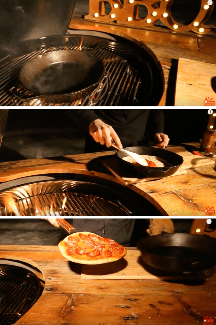 using cast iron skillet to make a campfire style pizza on a charcoal grill