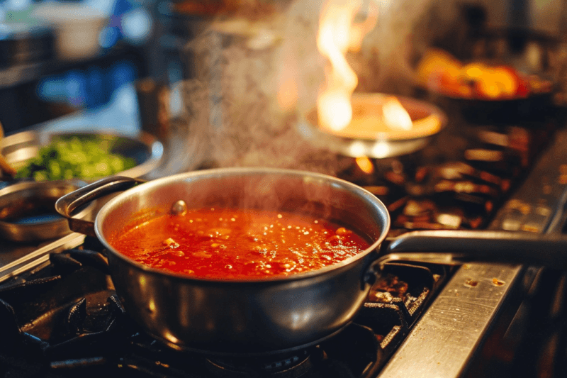 A pot simmering away on the stove making a sauce reduction. There are other pots and some ingredients in the background