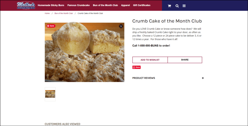 screenshot of Mallon’s Sticky Buns Crumb Cake of the Month Club's web page with a dark red header with the website's name, the main content area contains the information about the cake subscription accompanied by an image of cakes