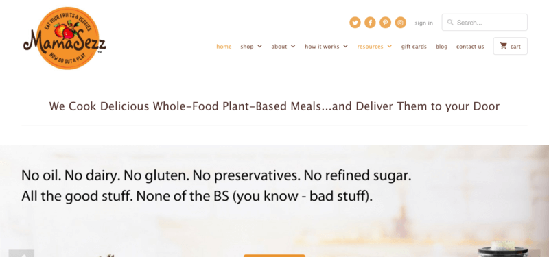 MamaSezz Website Screenshot showing the ingredients that are excluded from meals, like oil, gluten, preservatives and refined sugar