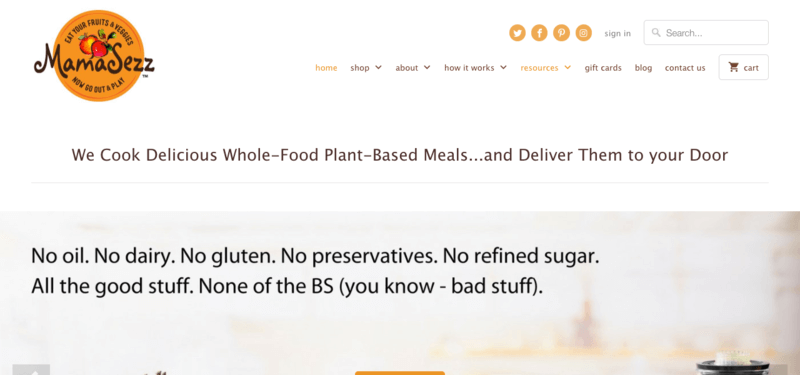 mamasezz meals website screenshot showing the various menus and information about what the meals don't contain, including dairy, gluten, oil and preservatives