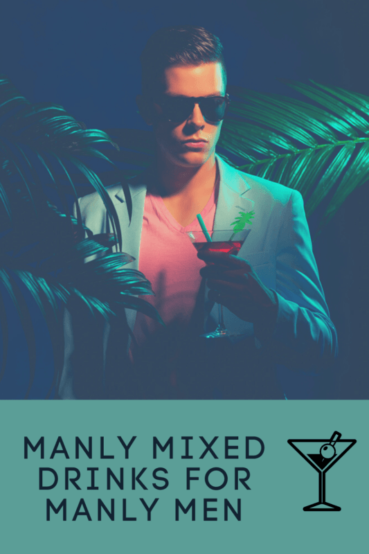 Manly Mixed Drinks. man in 20's with 80's vibe suit and palm trees, with a red mixed drink in martini glass.