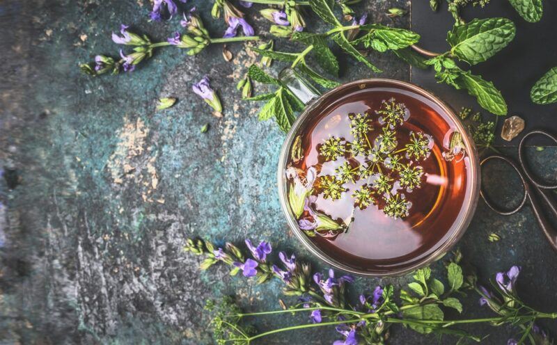 A dark table scattered with fresh herbs, with a top down shot of a mug of herbal tea