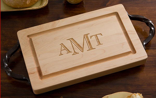 Maple-Leaf-Raised-Monogram-Cutting-Board | Food For Net Small cutting board with black handles and three engraved letters