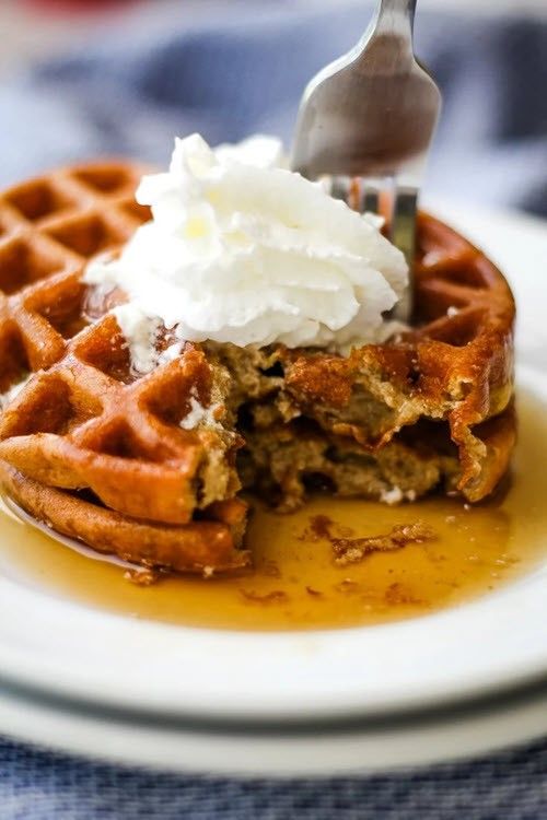 A stack of pumpkin keto waffles with maple flavoring