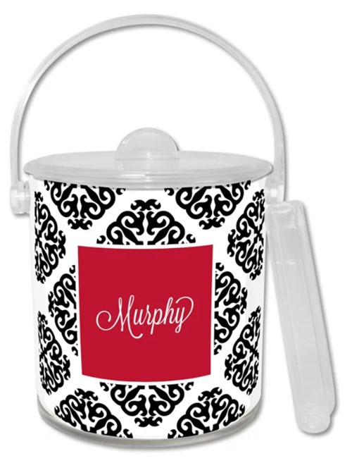 Marakesh Script Ice Bucket | Food For Net A black and white ice bucket with a red logo