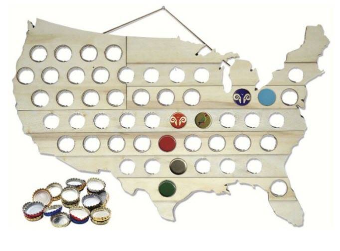 United States map with slots for beer bottle caps. 